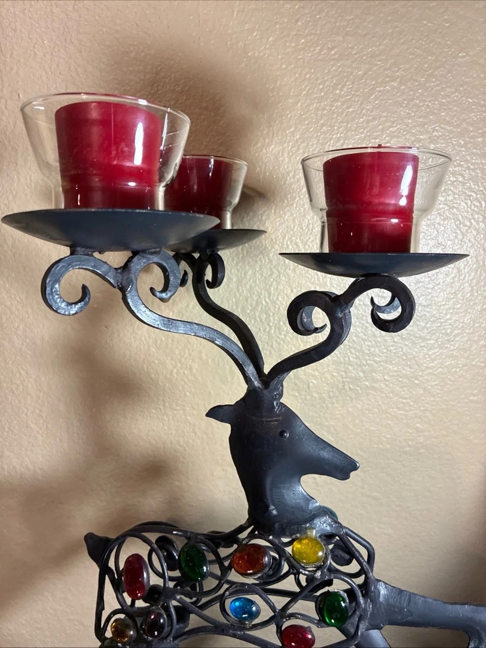 Pier 1 Imports Vintage Christmas Reindeer Tri Candle Holder Forged Iron Reindeer